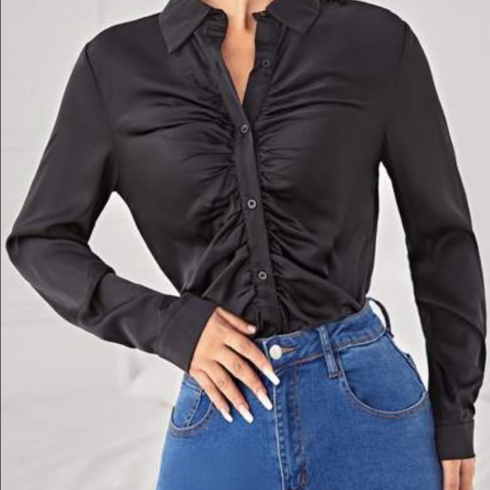 Timing Black Ruched Button Down Shirt